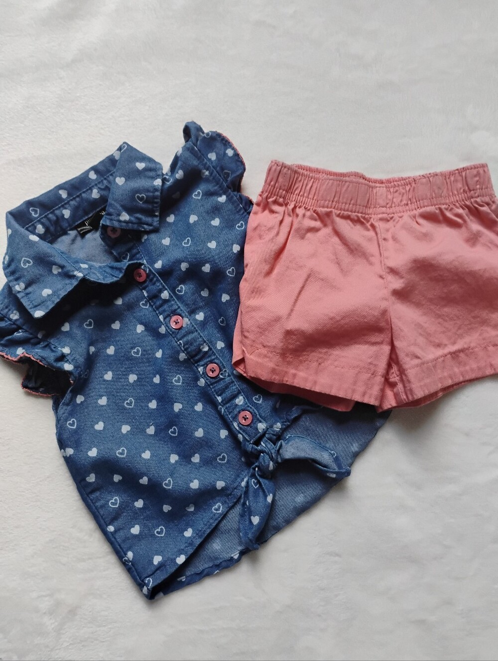 Cute 2 Piece Summer Top & Shorts Set | Denim Hearts Tie Front | 3T